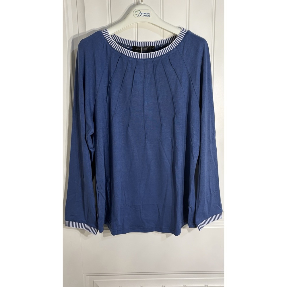 NWT Merokeety Blue Long Sleeve Top with White Striped Trim Size Large